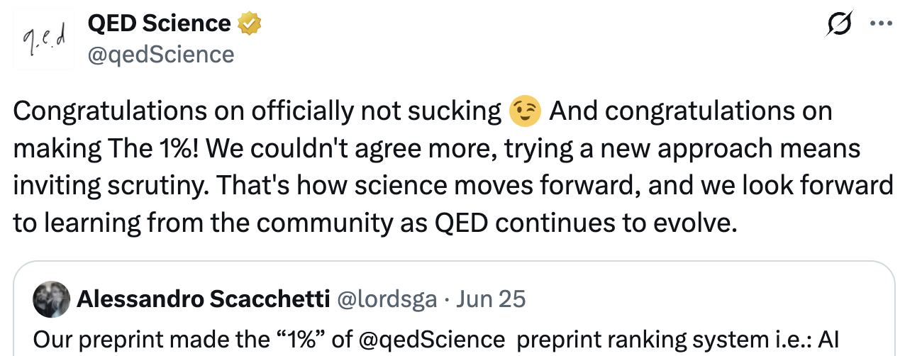 Screenshot of a QED Science post congratulating a paper for making the top 1% of the QED preprint ranking system.